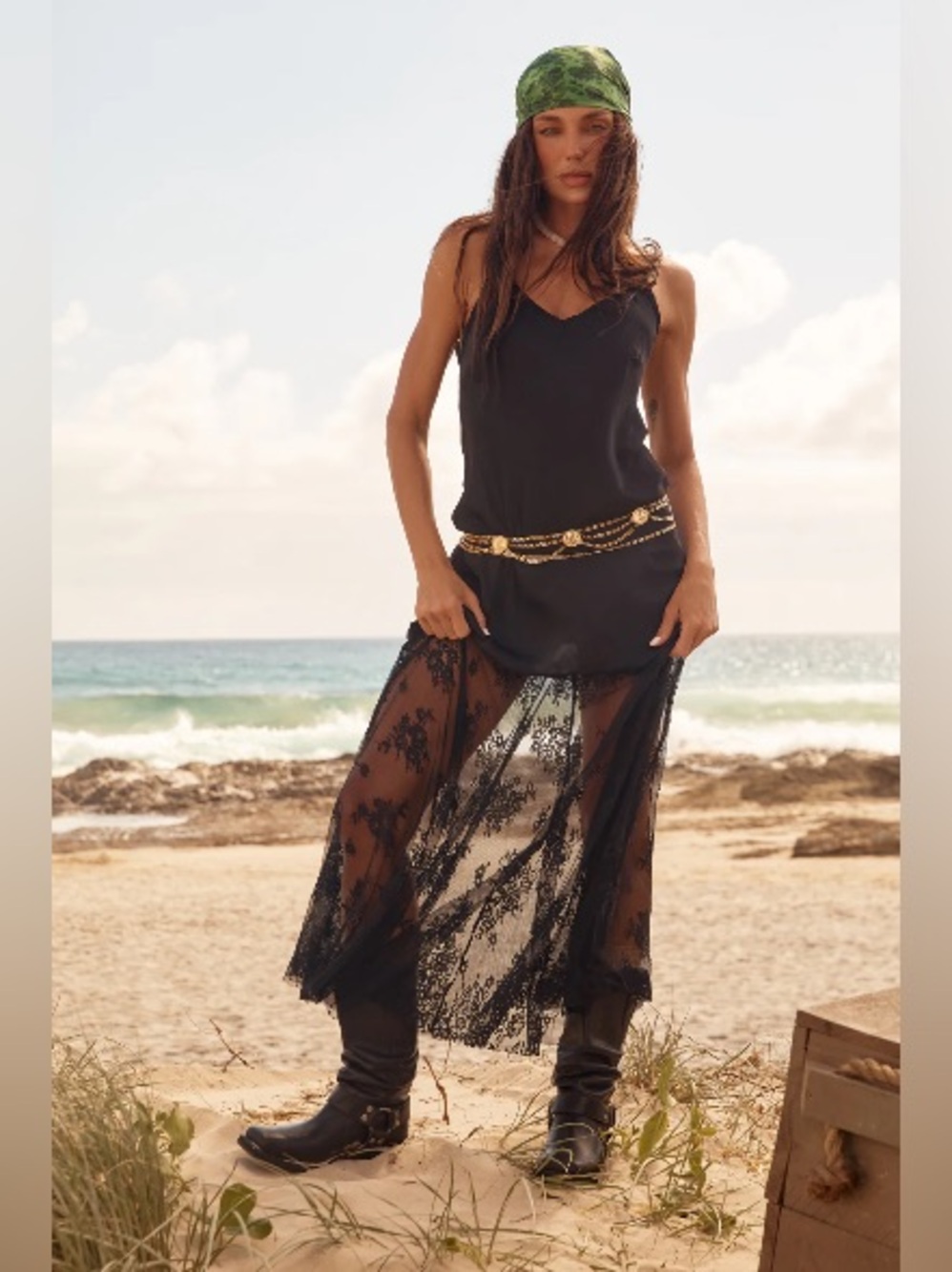 NWT Sabbi Black Lace-Trim Maxi Slip Dress with Spaghetti Straps